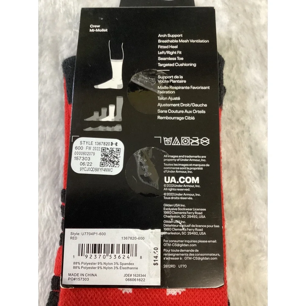 Under Armour UA Team Cushioned Crew Socks Red Black 1367820-600‎ Mens 7-8.5 NEW